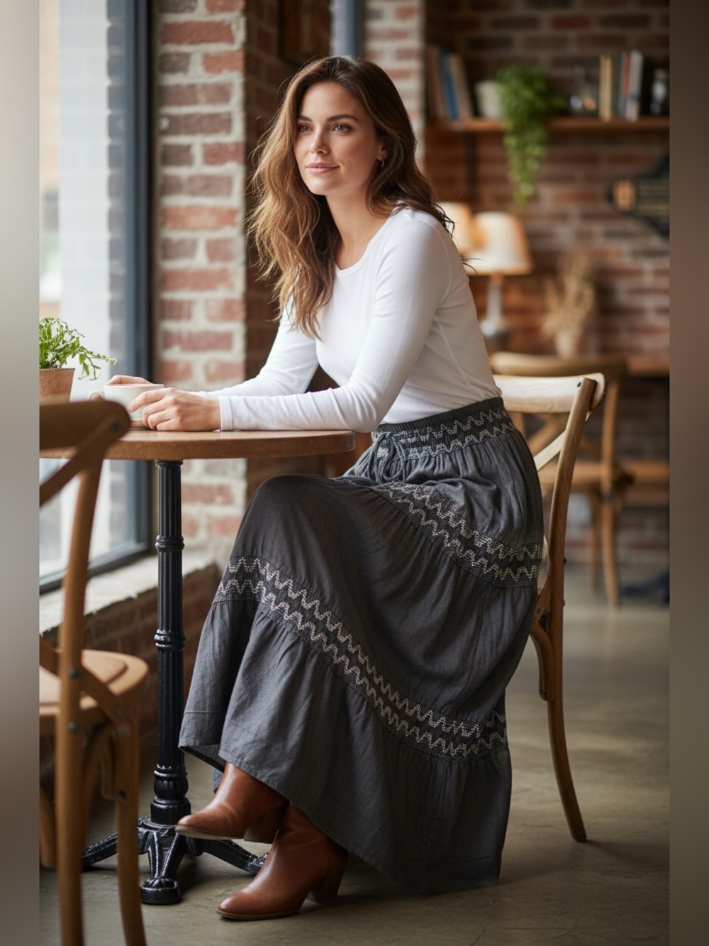 Women's Black Tiered Maxi Skirt with Zigzag Smocked Waist